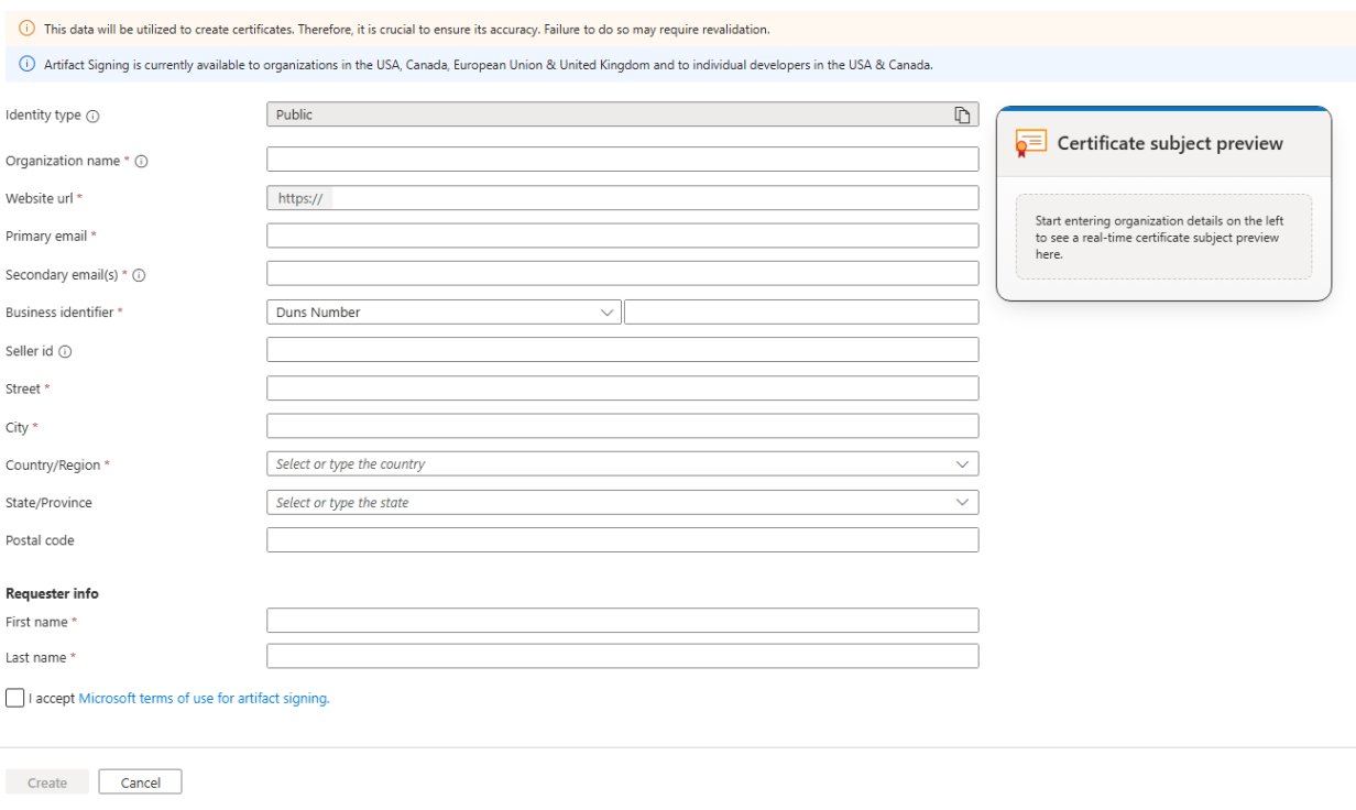 Azure Artifact Signing identity validation form