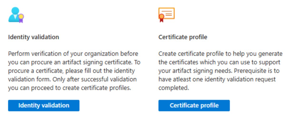 Azure Artifact Signing portal showing Identity Validation and Certificate Profile options