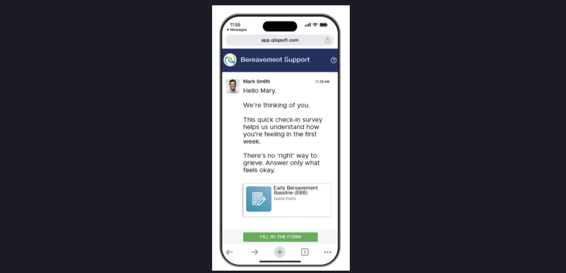 QliqSOFT Bereavement Support mobile app showing compassionate check-in message and Early Bereavement Baseline assessment form