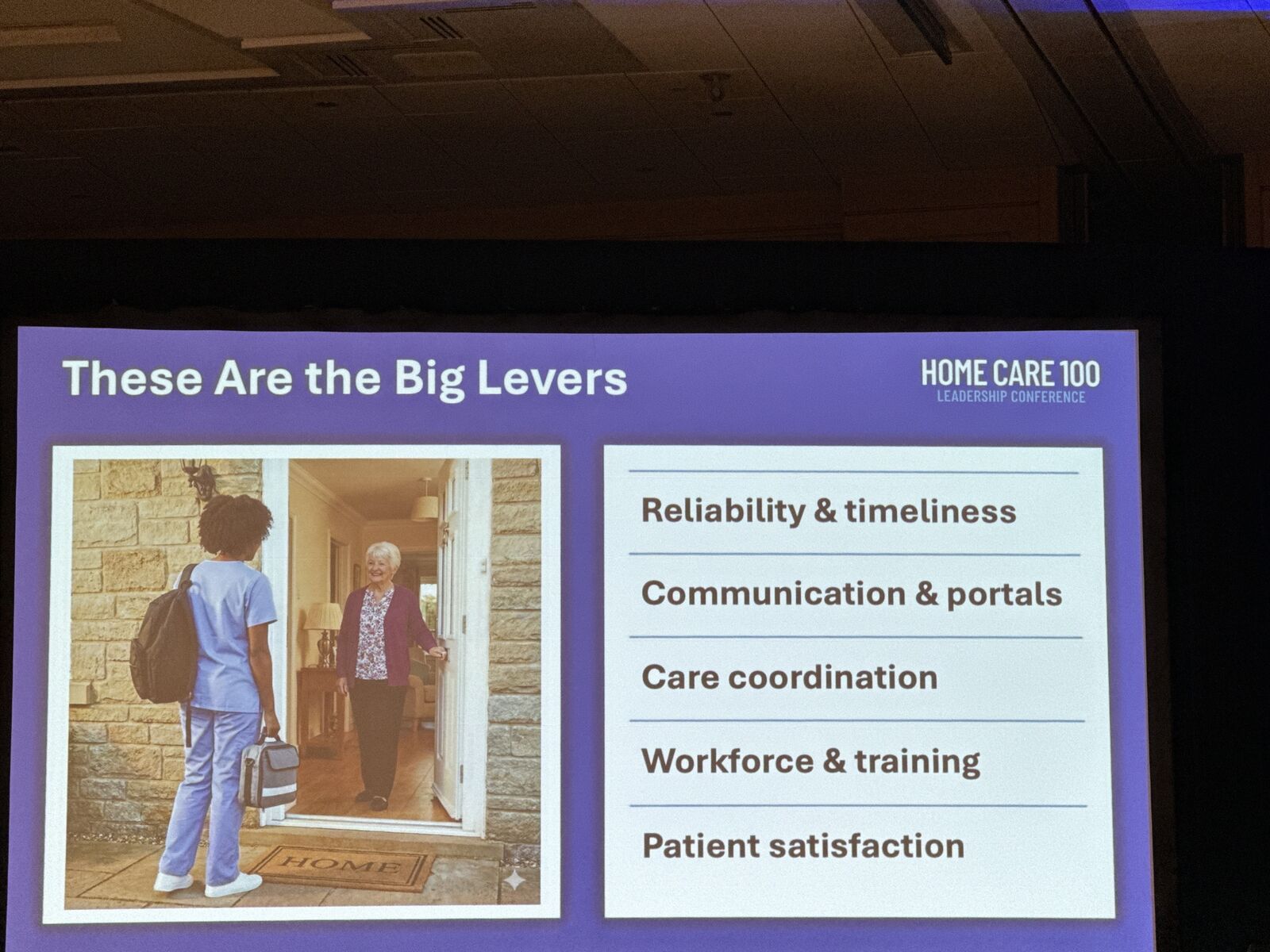 Slide showing the Big Levers for home care